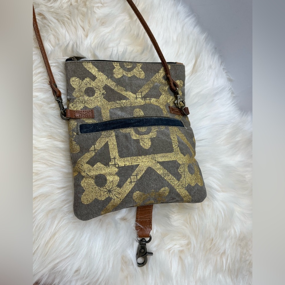 Mona B. Up cycled Coated Canvas Crossbody w Vegan Leather Metallic Gold Design - Picture 7 of 17